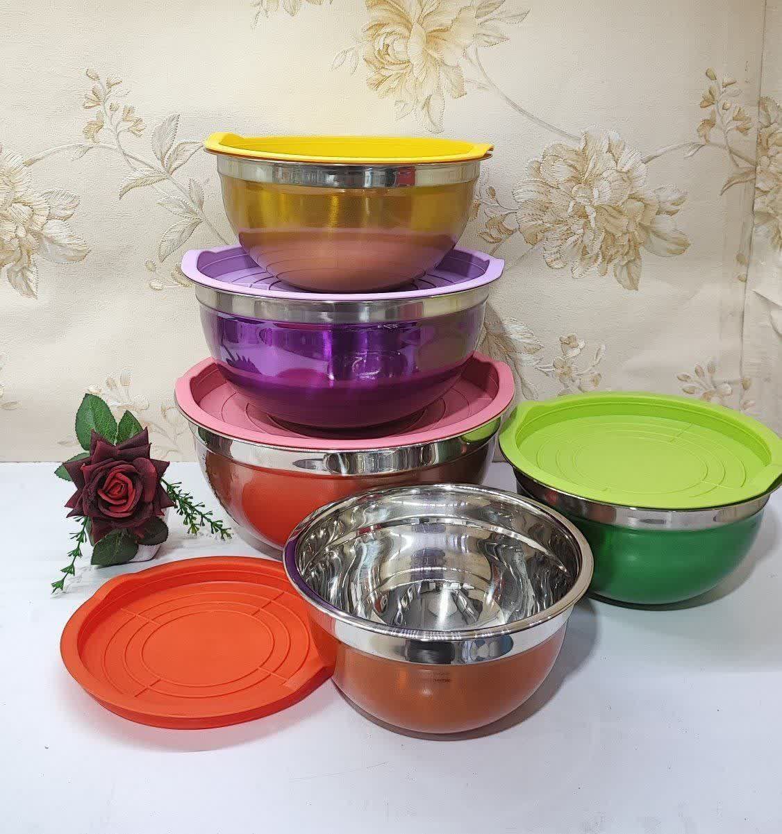 لگن استیل پنج تکه درب رنگی مدل یونیک هوم